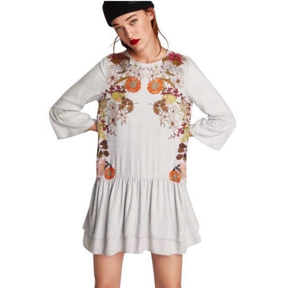 Zara Floral Print Ruffle Skirt Long Sleeve Grey Mini Dress - Picture 1 of 8